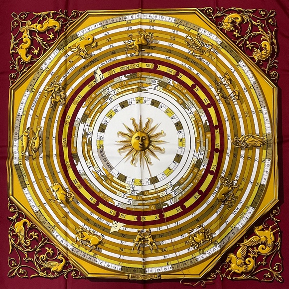 HERMES BURGUNDY / GOLD MULTI DIES ET HORE PRINT SQUARE SILK TWILL SCARF - Picture 2 of 9
